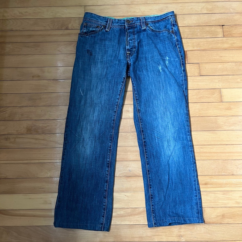Hugo Boss Handcrafted Mens Blue Straight Leg 36x34 Distressed Button Fly Jeans